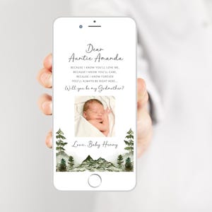 Modèle numérique « Will you be my godparents », forêt d'hiver, proposition de téléphone, de demande de baptême et de message texte pour téléphone, tante et oncle de bébé Canva