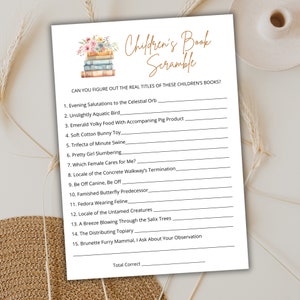 Jeu de brouillage de livres pour enfants, jeu de baby shower sur le thème du livre, jeu de contes floraux, jeu à imprimer, quiz pour baby shower
