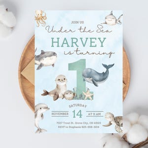Sous la mer, faire-part d'anniversaire animaux marins, fête d'anniversaire sur le thème nautique, invitation à une fête océan garçon, téléchargement immédiat modifiable