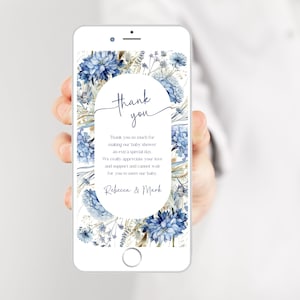 Elektronische Dankeskartenvorlage Digital, bearbeitbar Baby in Blüte Wildblumen blau, Baby Dankeskarte für Telefon, Text Message Canva