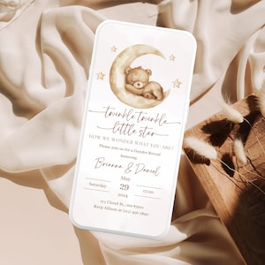 Twinkle Twinkle Rivelazione del sesso Orsetto Invito con testo modificabile Genere neutro Beige Marrone Piccola stella Invito Messaggio di testo neutro