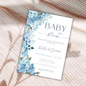Blue Floral Baby Shower Invitation: 'Baby in Bloom' Theme (Editable, Printable)