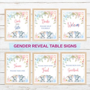 Elephant Gender Reveal Table Signs, Blue Pink gender reveal table signs, Table signs Welcome, Drinks, Food, Gifts, Guest Book, Favors