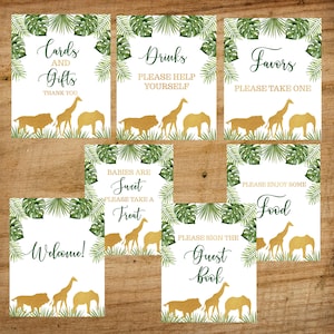 "Goldener Dschungel ""Baby Shower"" Schilder, Safari Gästebuch, Willkommen, Getränke, Essen, Geschenke & Leckerei."