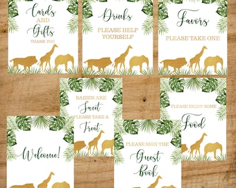 Gold Safari Baby Shower Signs, Jungle Printable table signs, set of 7, Safari Baby Shower Guest Book Welcome, Drinks, Food, Gifts & Treats