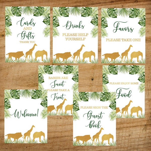 Gold Safari Baby Shower Signs, Jungle Printable table signs, set of 7, Safari Baby Shower Guest Book Welcome, Drinks, Food, Gifts & Treats