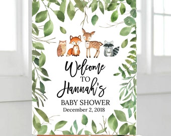 Wydrukuj leśne zwierzęta Zieleń Baby Shower Znak powitalny, leśny Baby Shower, znak powitalny baby shower leśne zwierzęta