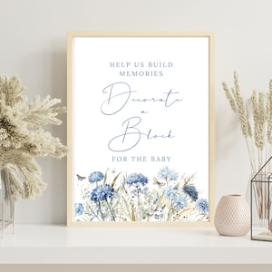 Dekorieren Sie ein Block Schild, Blaues Blumen-Baby-Duschedekor, Dusty Blue-Partyspiele, Blockdekorierstation, Druckbare Spiele