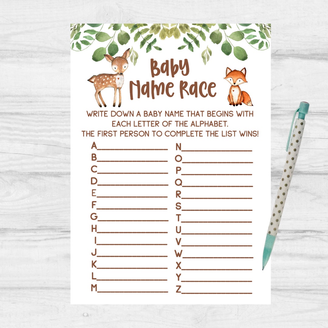 Woodland Baby Name Race Game Woodland Baby Shower Game Etsy