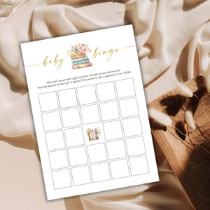 Bingo babyshowerspel, verhalenboek babyshowerbingo, babyshowerspel met boekthema, babybingokaarten, direct downloaden