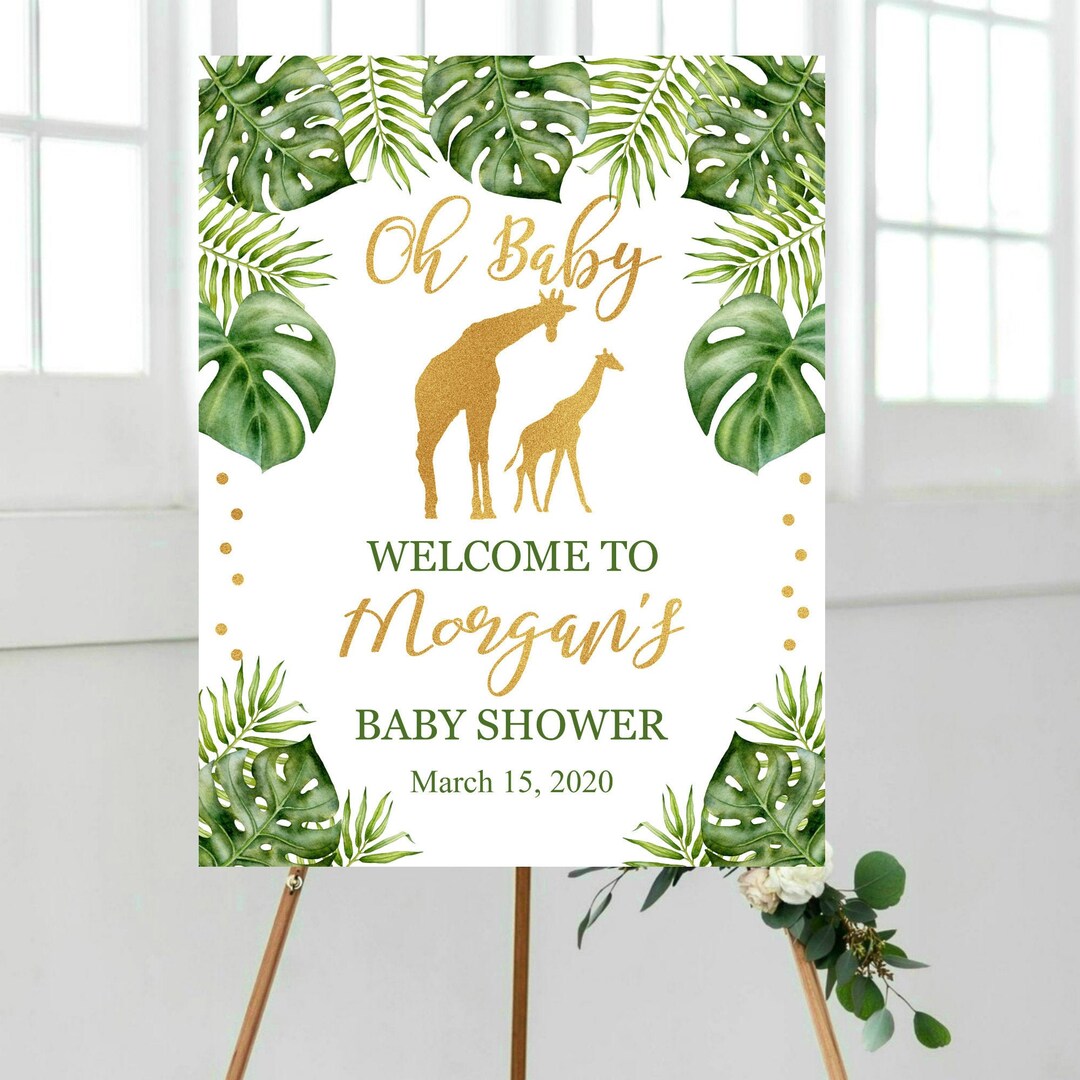 Greenery Oh Baby Welcome Sign, PRINTABLE Giraffe Baby Shower Welcome ...