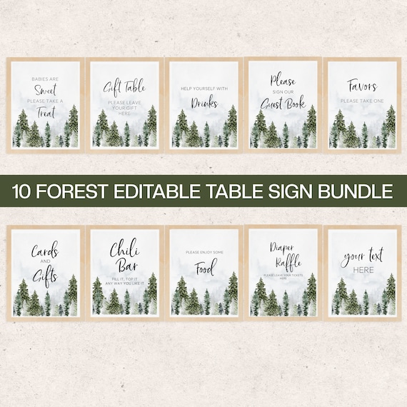 Forest Baby Shower Sign Bundle: Watercolor Mountain Theme (Editable Digital Download)