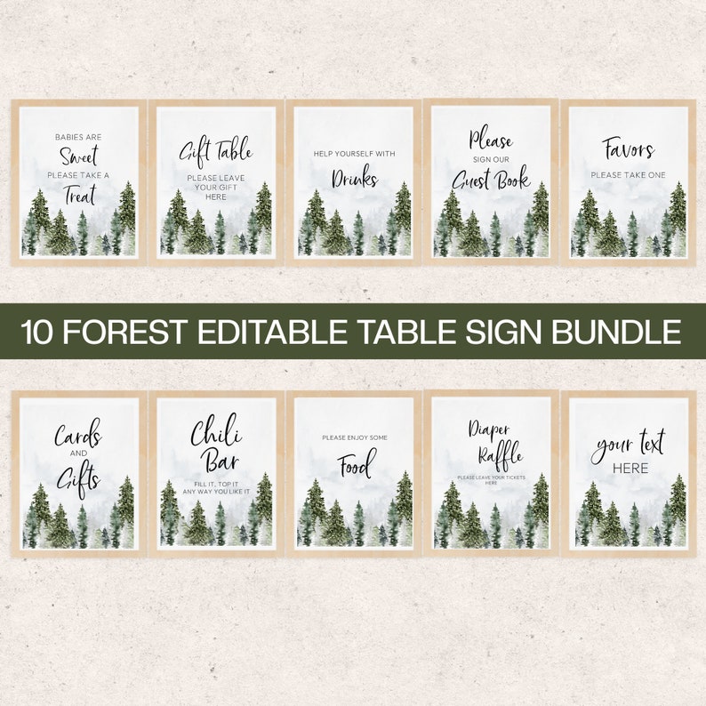 May include: A bundle of ten rectangular table signs featuring a watercolour forest of green pine trees at the bottom and black text on a white background. The signs include phrases like Babies Are Sweet, Gift Table, Drinks, Guest Book, and Favors.
