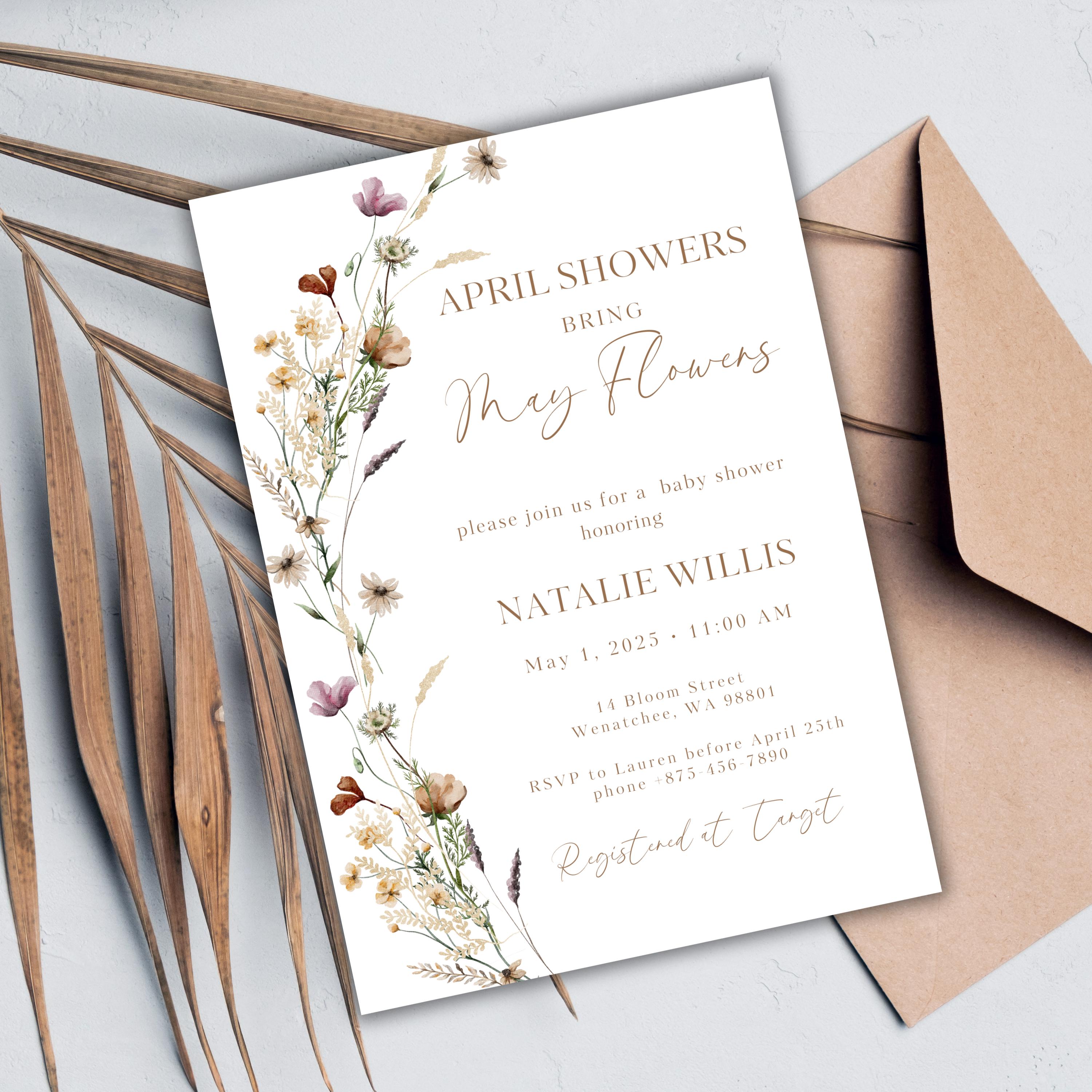 April Showers Bring May Flowers Boho Baby Shower Invite, Wildflower ...