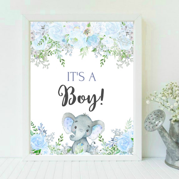 Its a Boy Sign Printable Blue Elephant Sign Boy Baby Shower Decorations Blue Floral It's A Boy Instant Download