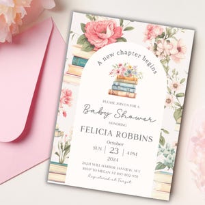 Invito baby shower a tema libro di fiabe, invito baby shower Arch Floral Books, invito baby shower a tema libro, invito biblioteca