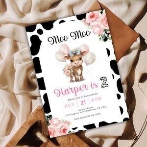 Cow Print Birthday Invitation: Moo Moo I&#39;m Two, Editable Canva Template (PDF Download)
