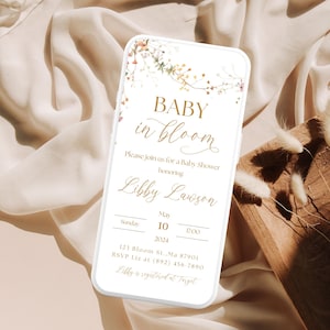 Baby in Bloom 招待状テンプレート Boho Neutral、ベビーシャワー招待状、青、テキストメッセージカード Baby in Bloom 編集可能テンプレート、Canva