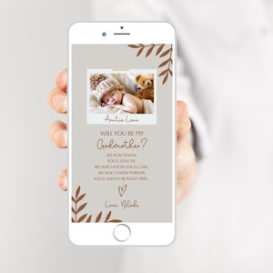 Você será minha madrinha Template Digital, Bege marrom boho gênero neutro Proposta de madrinha de bebê para telefone, Proposta de batismo, Mensagem de texto
