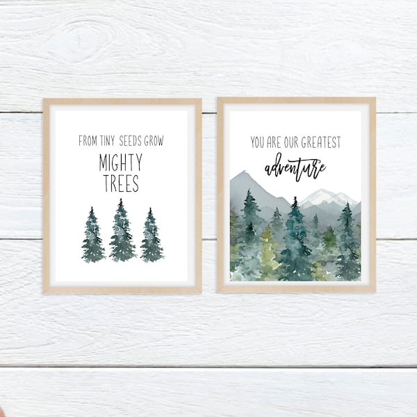 You are our greatest adventure, From tiny seeds sign, Set of 2, Evergreen Trees, Rustic Green Wood Watercolor Nursery Decor, DIGITAL FILE