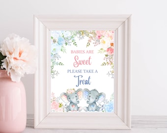 Babies are Sweet Treat Sign, Blue or Pink Elephant Gender Reveal, Gender Reveal Party Signs, Pink Blue Baby Shower Printable, DIGITAL FILE