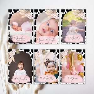 Bannière photo mensuelle modifiable, bannière photo jalon bohème vache, jalon bébé imprimable, cartes photo 12 mois, guirlande 1er anniversaire de bébé