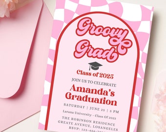 Groovy Grad Graduation invite template, Retro Invitation Editable, Hippie Invitation, Congrats Grad Invite, Editable File, Canva Template
