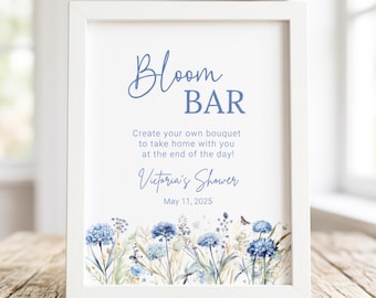Editable Bloom Bar Sign: Blue Wildflower Baby Shower, Birthday (Digital Download)