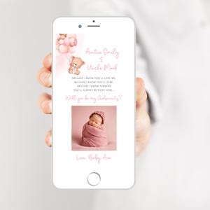 Vocês serão meus padrinhos Template Digital, Urso rosa Bebê tia tio proposta para Telefone, Proposta de Batismo, Mensagem de Texto 100% editável