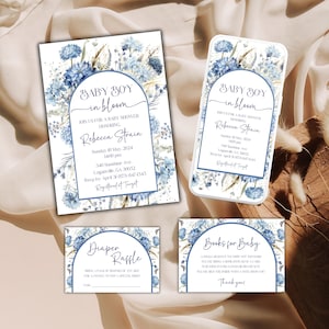 Baby in bloei uitnodigingsset bewerkbaar, uitnodiging babyjongen in bloei, blauwe uitnodiging babyshower met wilde bloemen voor babyjongen, canvas, stoffig blauw