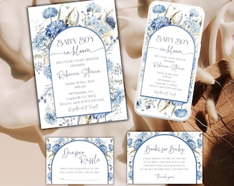 Baby in Bloom Invitation Set: Blue Wildflower Baby Shower (Canva Editable, Digital Download