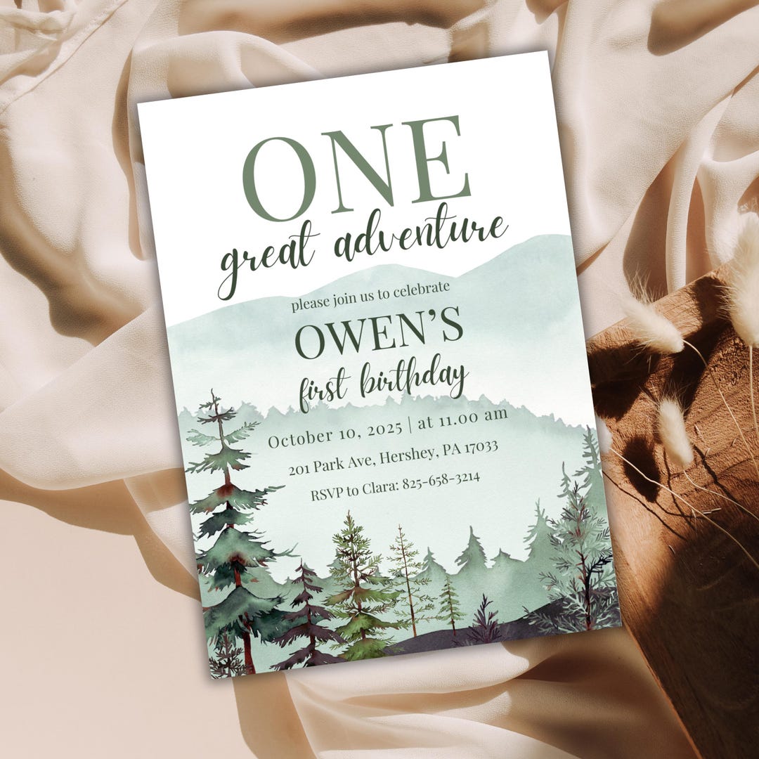 First Birthday Invitation: Pine Tree Forest Adventure (editable Digital ...