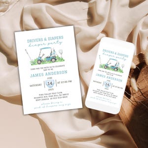 May include: A blue and white invitation for a "Drivers & Diapers" diaper party for a baby boy. The invitation features a cartoon golf cart with a baby inside. The text on the invitation reads "Come par-tee with us to celebrate Dad-to-be James Anderson, June 14, 2025 at 7:00 PM. Pine Valley Golf Club, Atlantic Ave, Pine Hill, NJ 08010. RSVP Jessica at 812-618-8624. Please bring a pack of diapers any size."