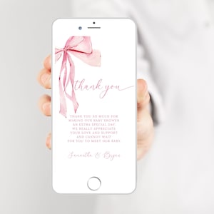 Editable Dusty Pink Bow Electronic Thank You Card Template Digital, Pink coquette Baby Thank You card for Phone, Text Message Canva
