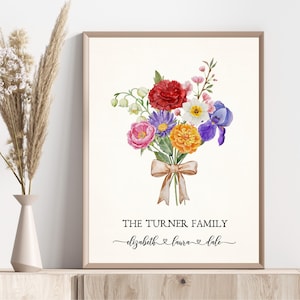 Letrero familiar personalizado imprimible, letrero del mes de nacimiento, flor de cumpleaños, letrero familiar, regalo para abuelos, ramo floral personalizado con nombres.
