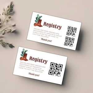 Baby-Geschenk-Registrierungskartenvorlage mit QR-Code, Cowboy-Western-Babyparty, bearbeitbare Canva-Kartenvorlage, QR-Code-Karte, Babyparty-Einlage