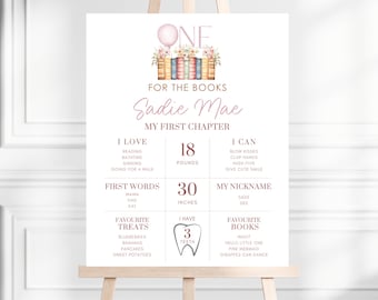 May include: A pink and white printable first birthday sign with a stack of books, flowers, and a balloon. The sign says "One for the Books Sadie Mae My First Chapter" and includes details about the child's age, weight, height, and favourite things.