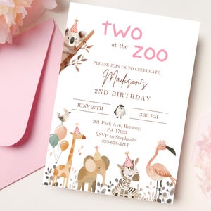May include: A pink and white birthday invitation with a watercolor illustration of animals wearing party hats. The text reads "two at the zoo" and "Madison's 2nd Birthday".