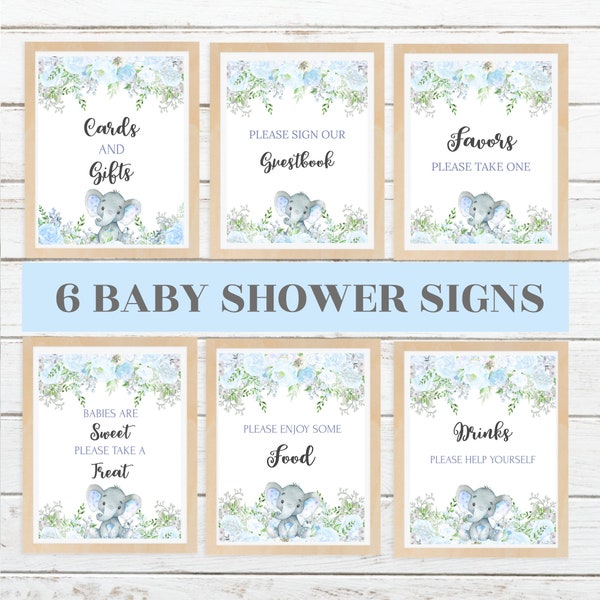 Elephant Baby Shower Table Signs, Blue Grey Baby shower table signs, Baby shower signs Favors, Drinks, Food, Gifts, Treat, Guest Book