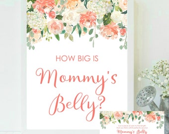 ¿Qué tan grande es el vientre de mamá, qué tan grande es el juego de baby shower floral rosa del vientre de mamá, Elephant Guess Mummy Belly Game, Yarn Measure, Floral
