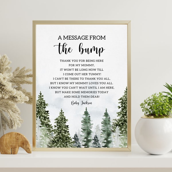 Message From The Bump Editable, Forest Mountain Printable Baby Shower Signs, DIGITAL FILE, Message From Bump, Adventure Baby Signs