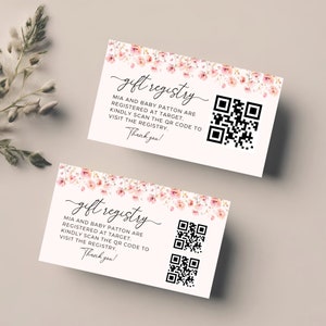 Baby-Geschenk-Registry-Karte mit QR-Code, Pink Blush Baby in Bloom-Registry, bearbeitbare Canva-Kartenvorlage, QR-Code-Karte, Babyparty-Beilage