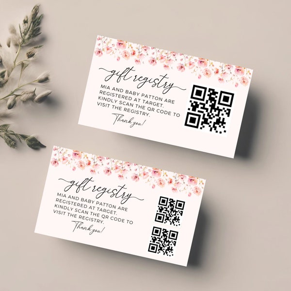 Baby Gift Registry Card With QR Code, Pink Blush Baby in Bloom Registry, Editable Canva Card Template, QR Code Card, Baby Shower Insert