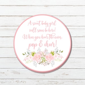 Pop And Cheer babytag babyshower wijnkaartjes of stickers, bedankjes babyaankomst, champagnekaartjes, instant download