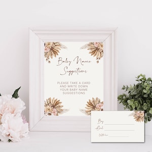 Baby Namen Vorschläge Gender Reveal Printable, moderne Boho Baby Namen Ideen Baby Name Ideen Spiel Zeichen und Karte Gender Reveal, Pampas Grass