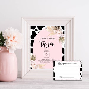 Carte de signe et de conseils pour les conseils parentaux, baby shower de vache, jeu de conseils à imprimer pour les parents, conseils d'impression de vache pour une nouvelle maman,
