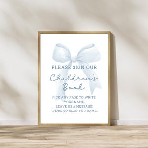 Por favor, firme nuestro letrero de libro para niños, letrero de libro de visitas para baby shower con lazo azul, letrero de libro para niños, letrero de invitados para baby shower, Coquette