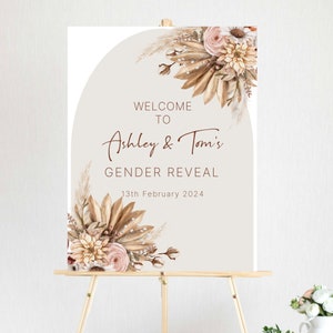 Printable Modern Gender Reveal welcome sign, Pampas Grass Beige, Boho Baby Reveal Party, Gender He or She, Reveal Poster, Printable Digital