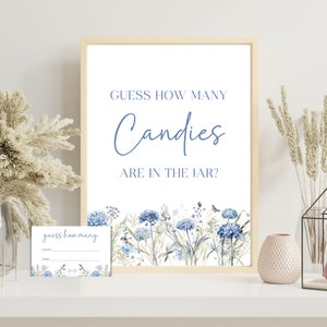 Raad hoeveel babyshowers, baby in bloei, wilde bloementhema. Raad hoeveel snoepjes er in de pot zitten, raad hoeveel blauwe babyshower Coed Baby