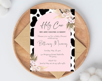 Cow Print Baby Shower Invitation, Editable, Pink Holy Cow Shower Invitation Pampas invite 100% Editable File, Cow Print Baby, Canva